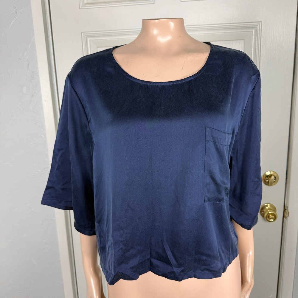 Lunya Women's Sleep Shirt XL Silk Pajama Top Designer Pocket Crop Top Navy H4-23